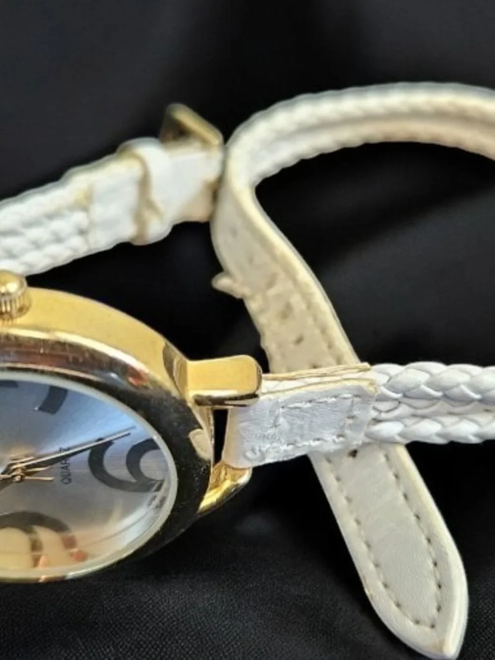 White Braided Multi Strand Faux Leather Goldtone Round Face Wrap Ladies Watch